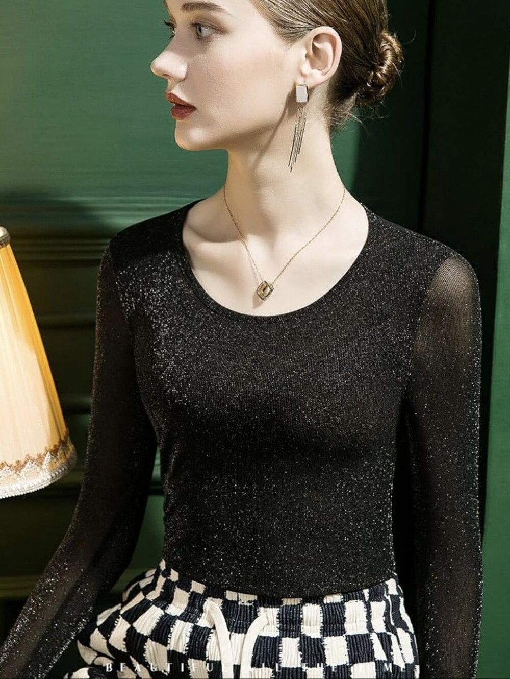 Black Glitter Sheer-Sleeve Scoop Neck Top
